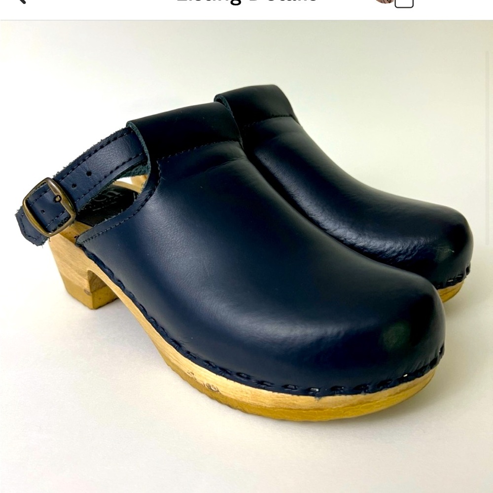 Sven Halter Top Clogs - mid heel, navy, size 38 (women’s 7.5)